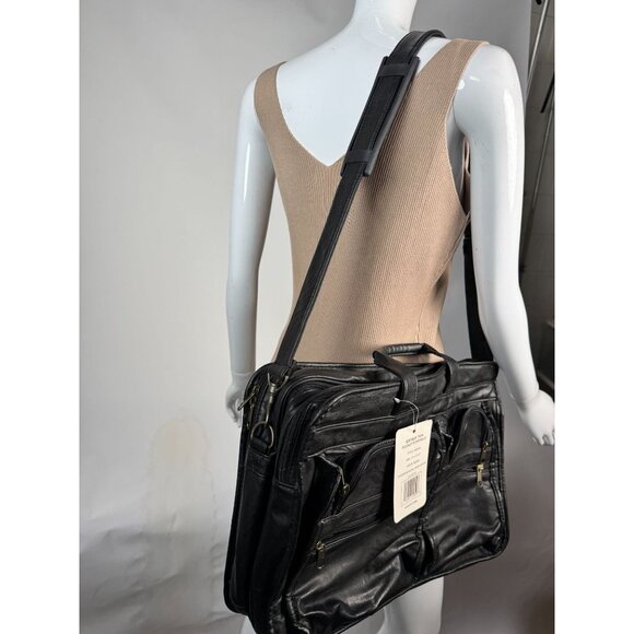 Monarch Black Leather Look Business Briefcase With Multiple Zippered Pockets & A - Picture 14 of 16